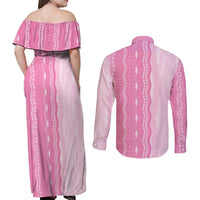 Vintage Pink Hawaiian Traditional Kapa Mix Flowers Lei Couples Matching Off Shoulder Maxi Dress and Long Sleeve Button Shirt
