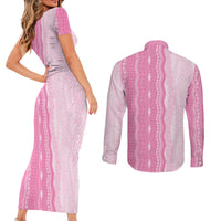 Vintage Pink Hawaiian Traditional Kapa Mix Flowers Lei Couples Matching Short Sleeve Bodycon Dress and Long Sleeve Button Shirt