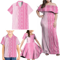 Vintage Pink Hawaiian Traditional Kapa Mix Flowers Lei Family Matching Off Shoulder Maxi Dress and Hawaiian Shirt