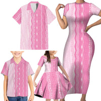 Vintage Pink Hawaiian Traditional Kapa Mix Flowers Lei Family Matching Short Sleeve Bodycon Dress and Hawaiian Shirt