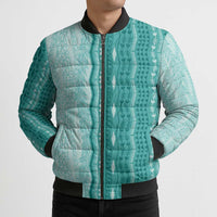 Vintage Teal Hawaiian Traditional Kapa Mix Flowers Lei Bomber Puffer Jacket LT7 - Polynesian Pride
