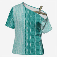 Vintage Teal Hawaiian Traditional Kapa Mix Flowers Lei Cross Shoulder Shirt LT7 Female Teal - Polynesian Pride