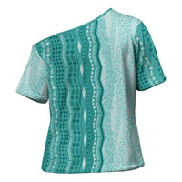 Vintage Teal Hawaiian Traditional Kapa Mix Flowers Lei Cross Shoulder Shirt LT7 - Polynesian Pride