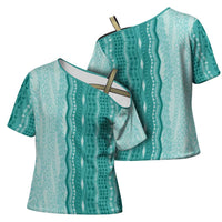 Vintage Teal Hawaiian Traditional Kapa Mix Flowers Lei Cross Shoulder Shirt LT7 - Polynesian Pride