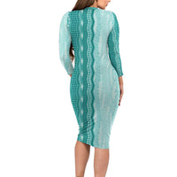 Vintage Teal Hawaiian Traditional Kapa Mix Flowers Lei Family Matching Long Sleeve Bodycon Dress and Hawaiian Shirt