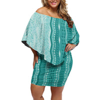 Vintage Teal Hawaiian Traditional Kapa Mix Flowers Lei Family Matching Off Shoulder Short Dress and Hawaiian Shirt