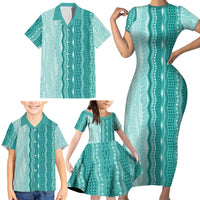 Vintage Teal Hawaiian Traditional Kapa Mix Flowers Lei Family Matching Short Sleeve Bodycon Dress and Hawaiian Shirt
