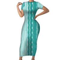 Vintage Teal Hawaiian Traditional Kapa Mix Flowers Lei Family Matching Short Sleeve Bodycon Dress and Hawaiian Shirt