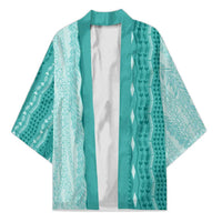 Vintage Teal Hawaiian Traditional Kapa Mix Flowers Lei Kimono LT7 Unisex Teal - Polynesian Pride