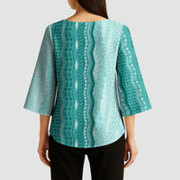 Vintage Teal Hawaiian Traditional Kapa Mix Flowers Lei Kimono Sleeve Blouse LT7 - Polynesian Pride