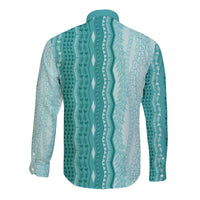 Vintage Teal Hawaiian Traditional Kapa Mix Flowers Lei Long Sleeve Button Shirt LT7 - Polynesian Pride