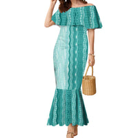 Vintage Teal Hawaiian Traditional Kapa Mix Flowers Lei Mermaid Dress LT7 Women Teal - Polynesian Pride