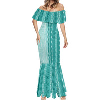 Vintage Teal Hawaiian Traditional Kapa Mix Flowers Lei Mermaid Dress LT7 - Polynesian Pride