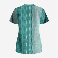Vintage Teal Hawaiian Traditional Kapa Mix Flowers Lei Scrub Top LT7 - Polynesian Pride