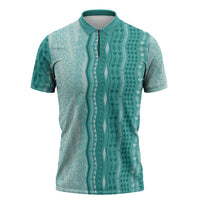 Vintage Teal Hawaiian Traditional Kapa Mix Flowers Lei Zipper Polo Shirt