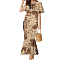 Samoa Women's Day Family Matching Mermaid Dress and Hawaiian Shirt Tiale Flower Mix Siapo Tapa LT7 Mom's Dress Beige - Polynesian Pride