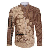 Samoa Women's Day Family Matching Puletasi and Hawaiian Shirt Tiale Flower Mix Siapo Tapa LT7 Dad's Shirt - Long Sleeve Beige - Polynesian Pride