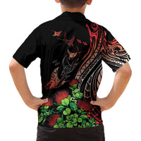 Aloha Hawaii Manta Rays Family Matching Off The Shoulder Long Sleeve Dress and Hawaiian Shirt Red Ohia Lehua