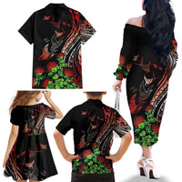Aloha Hawaii Manta Rays Family Matching Off The Shoulder Long Sleeve Dress and Hawaiian Shirt Red Ohia Lehua