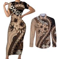 Bula Fiji Couples Matching Short Sleeve Bodycon Dress and Long Sleeve Button Shirt Mocha Brown Kaivity Masi Tapa