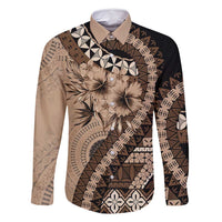 Bula Fiji Family Matching Long Sleeve Bodycon Dress and Hawaiian Shirt Mocha Brown Kaivity Masi Tapa