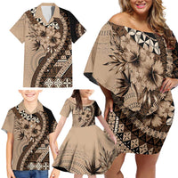 Bula Fiji Family Matching Off Shoulder Short Dress and Hawaiian Shirt Mocha Brown Kaivity Masi Tapa