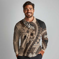 Bula Fiji Long Sleeve Polo Shirt Mocha Brown Kaivity Masi Tapa
