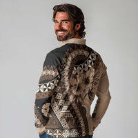 Bula Fiji Long Sleeve Polo Shirt Mocha Brown Kaivity Masi Tapa