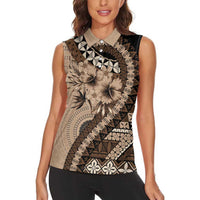 Bula Fiji Women Sleeveless Polo Shirt Mocha Brown Kaivity Masi Tapa