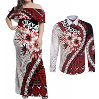 Bula Fiji Couples Matching Off Shoulder Maxi Dress and Long Sleeve Button Shirt White Kaivity Masi Tapa