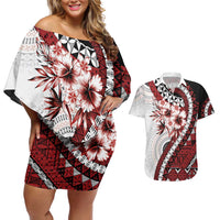 Bula Fiji Couples Matching Off Shoulder Short Dress and Hawaiian Shirt White Kaivity Masi Tapa