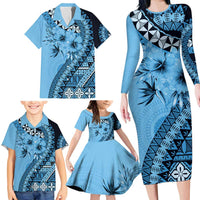 Bula Fiji Family Matching Long Sleeve Bodycon Dress and Hawaiian Shirt Turquoise Kaivity Masi Tapa