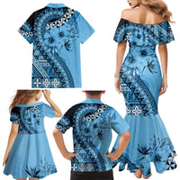 Bula Fiji Family Matching Mermaid Dress and Hawaiian Shirt Turquoise Kaivity Masi Tapa