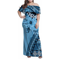 Bula Fiji Family Matching Off Shoulder Maxi Dress and Hawaiian Shirt Turquoise Kaivity Masi Tapa