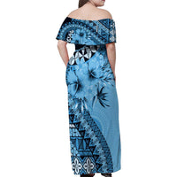Bula Fiji Family Matching Off Shoulder Maxi Dress and Hawaiian Shirt Turquoise Kaivity Masi Tapa