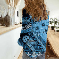 Bula Fiji Women Casual Shirt Turquoise Kaivity Masi Tapa