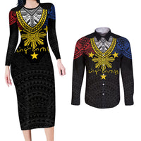 Philippines Heritage Baybayin Mix Polynesian Couples Matching Long Sleeve Bodycon Dress and Long Sleeve Button Shirt