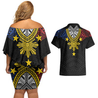 Philippines Heritage Baybayin Mix Polynesian Couples Matching Off Shoulder Short Dress and Hawaiian Shirt LT7 - Polynesian Pride