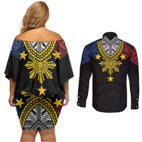 Philippines Heritage Baybayin Mix Polynesian Couples Matching Off Shoulder Short Dress and Long Sleeve Button Shirt LT7 - Polynesian Pride