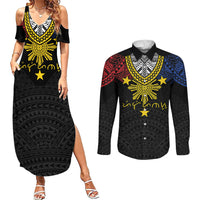 Philippines Heritage Baybayin Mix Polynesian Couples Matching Summer Maxi Dress and Long Sleeve Button Shirt LT7 Black - Polynesian Pride