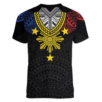 Philippines Heritage Baybayin Mix Polynesian Women V-Neck T-Shirt LT7 - Polynesian Pride
