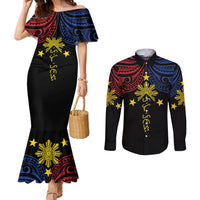 Philippines Heritage Personalized Couples Matching Mermaid Dress and Long Sleeve Button Shirt Baybayin Philipinas Sun LT7 Black - Polynesian Pride