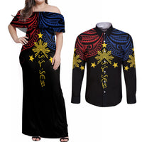 Philippines Heritage Personalized Couples Matching Off Shoulder Maxi Dress and Long Sleeve Button Shirt Baybayin Philipinas Sun LT7 Black - Polynesian Pride