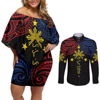 Philippines Heritage Personalized Couples Matching Off Shoulder Short Dress and Long Sleeve Button Shirt Baybayin Philipinas Sun LT7 Black - Polynesian Pride