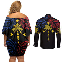 Philippines Heritage Personalized Couples Matching Off Shoulder Short Dress and Long Sleeve Button Shirt Baybayin Philipinas Sun LT7 - Polynesian Pride