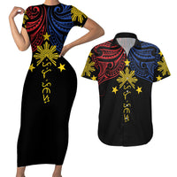 Philippines Heritage Personalized Couples Matching Short Sleeve Bodycon Dress and Hawaiian Shirt Baybayin Philipinas Sun LT7 Black - Polynesian Pride