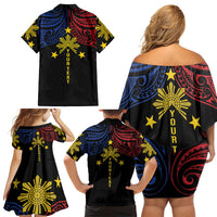 Philippines Heritage Personalized Family Matching Off Shoulder Short Dress and Hawaiian Shirt Baybayin Philipinas Sun