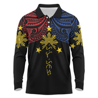 Philippines Heritage Personalized Long Sleeve Polo Shirt Baybayin Philipinas Sun LT7 Black - Polynesian Pride