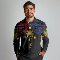 Philippines Heritage Personalized Long Sleeve Polo Shirt Baybayin Philipinas Sun LT7 - Polynesian Pride