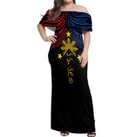 Philippines Heritage Personalized Off Shoulder Maxi Dress Baybayin Philipinas Sun LT7 Women Black - Polynesian Pride